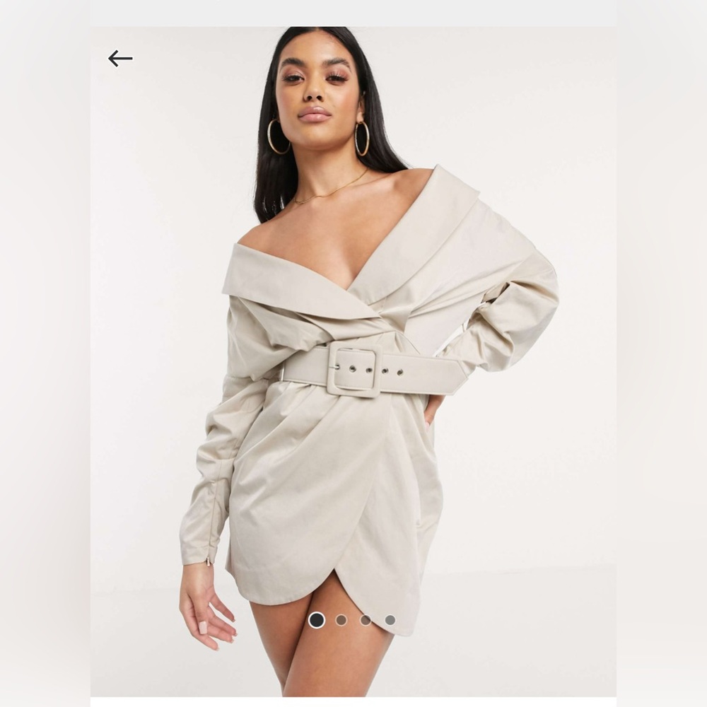 Asos Off Shoulder Ruched Belted Tux Mini Dress - Beige size 4